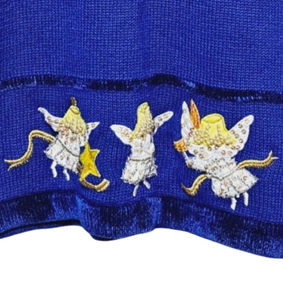 VTG Quacker Factory Christmas Sweater Cardigan Full Zip Blue Angels Stars Moon L - Picture 3 of 8